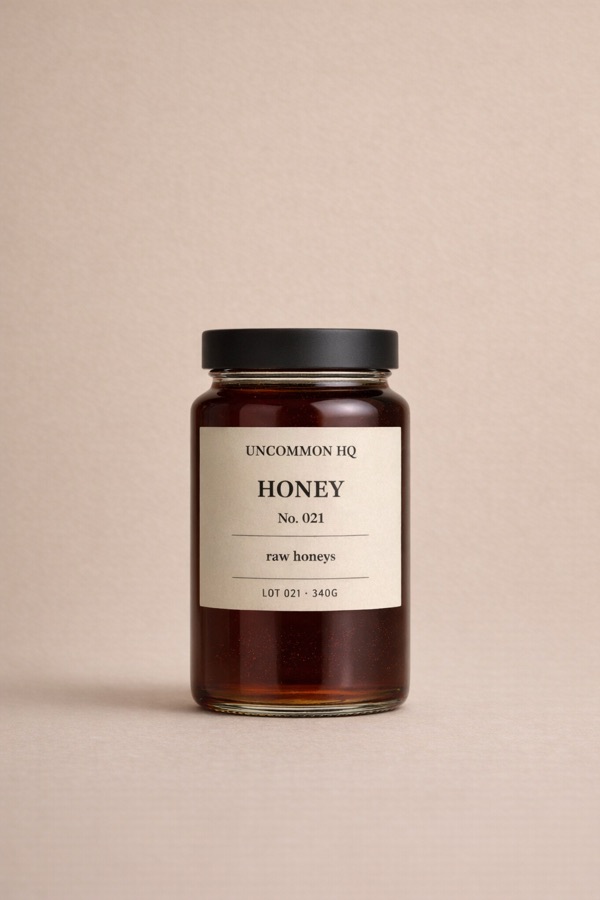 Studio photo of Uncommon HQ raw honey jar packaging